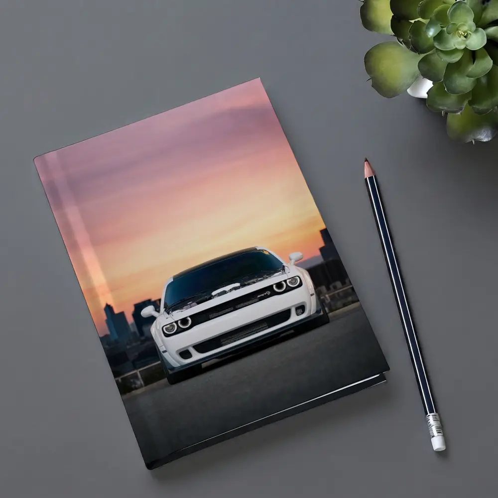 Dodge Challenger White Muscle Car Sunset City – Notebooks