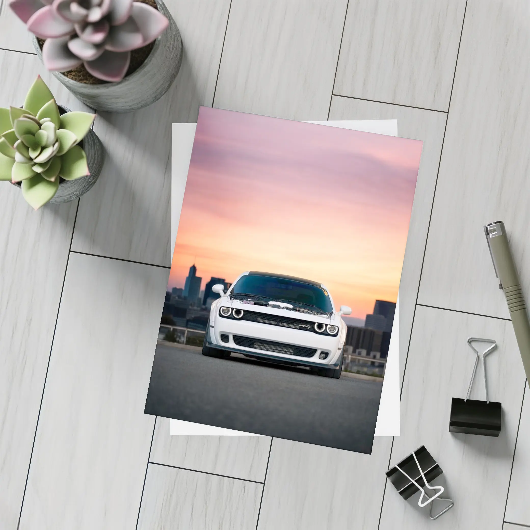 Dodge Challenger White Muscle Car Sunset City – Postcards