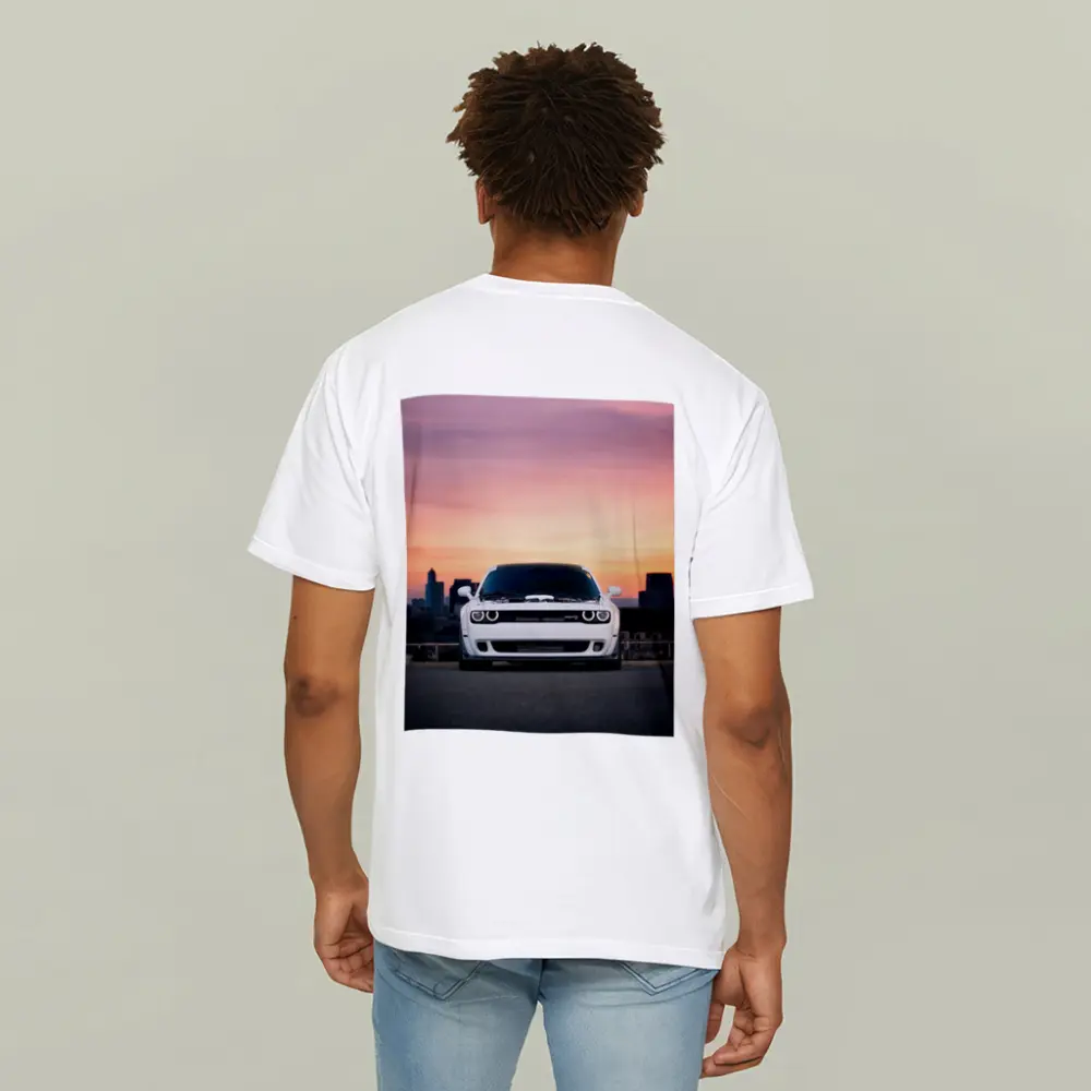 Dodge Challenger White Muscle Car Sunset City – T-Shirts