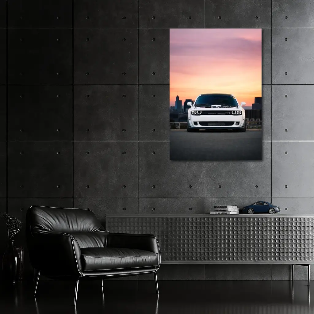 Dodge Challenger White Muscle Car Sunset City – Wall Art