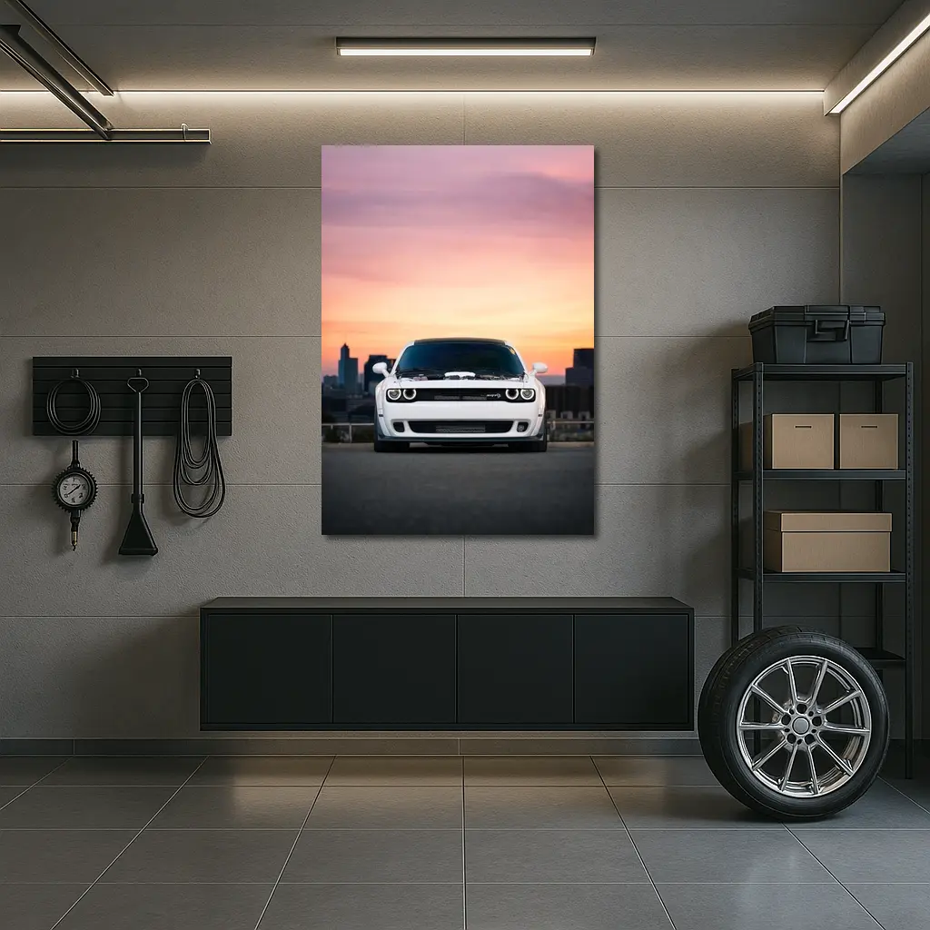 Dodge Challenger White Muscle Car Sunset City – Wall Art