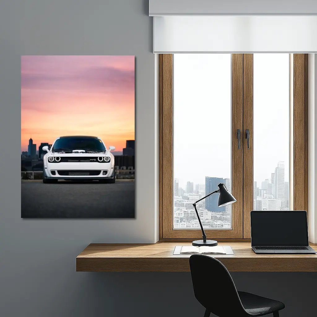 Dodge Challenger White Muscle Car Sunset City – Wall Art