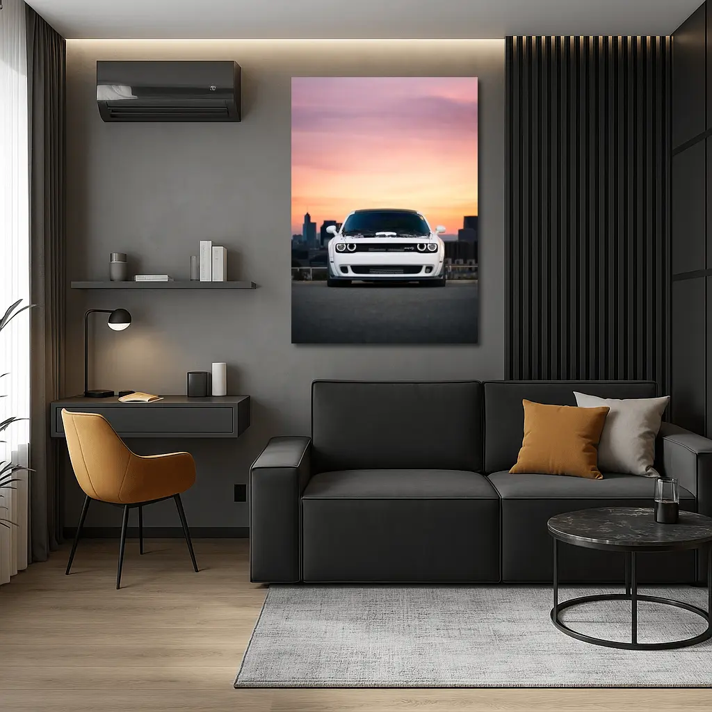 Dodge Challenger White Muscle Car Sunset City – Wall Art