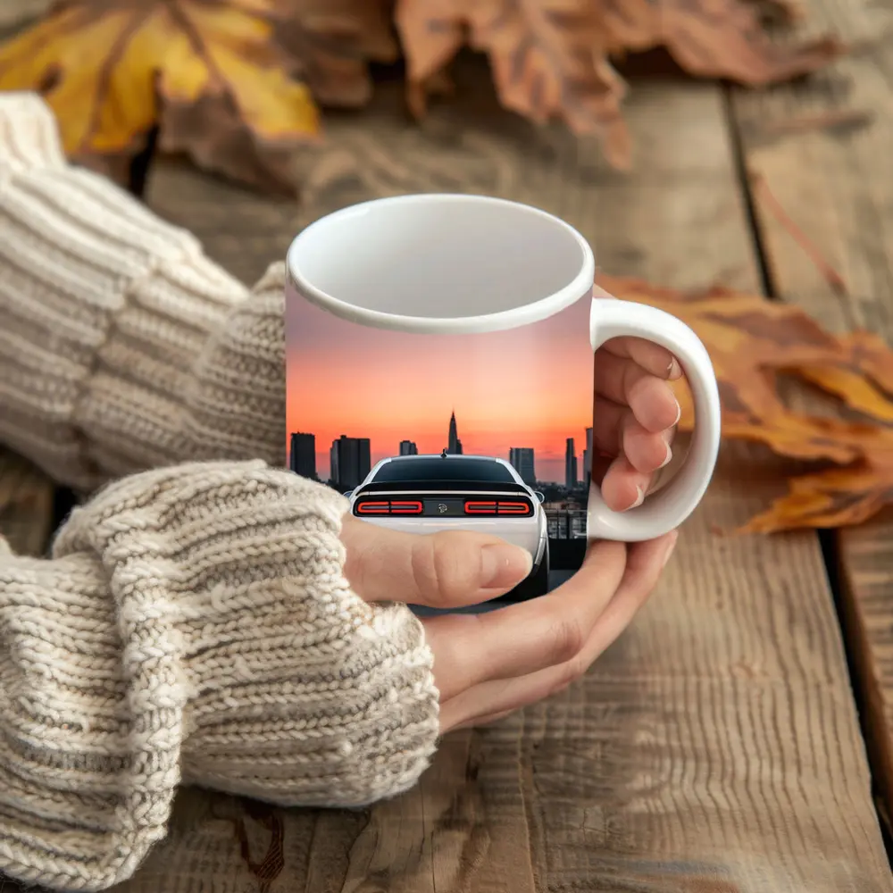 Dodge Challenger Rear City Sunset View – Mugs