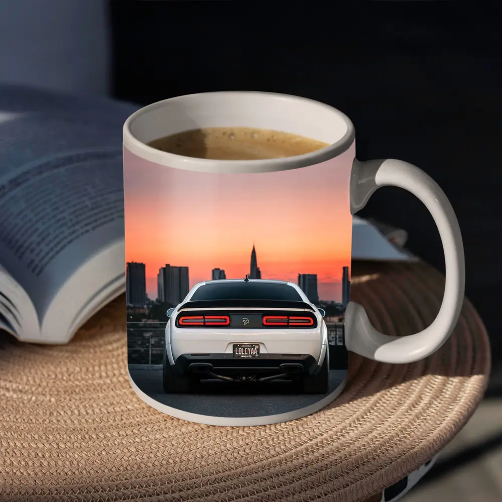 Dodge Challenger Rear City Sunset View – Mugs