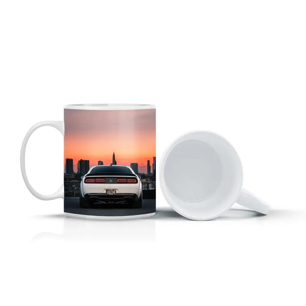 Dodge Challenger Rear City Sunset View – Mugs