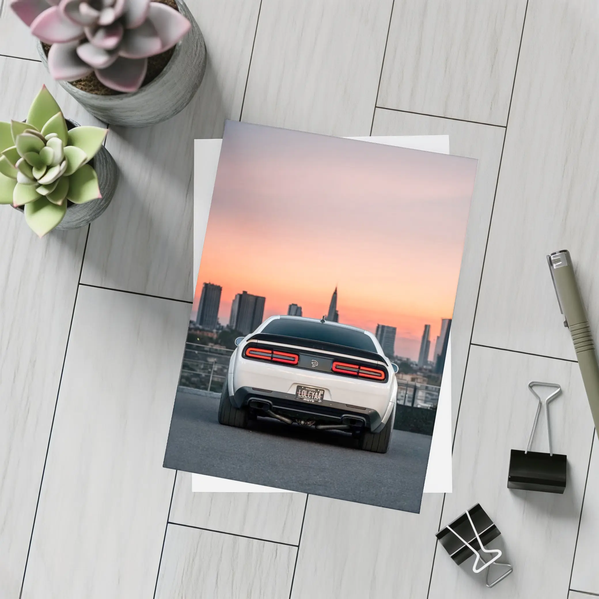 Dodge Challenger Rear City Sunset View – Postcards