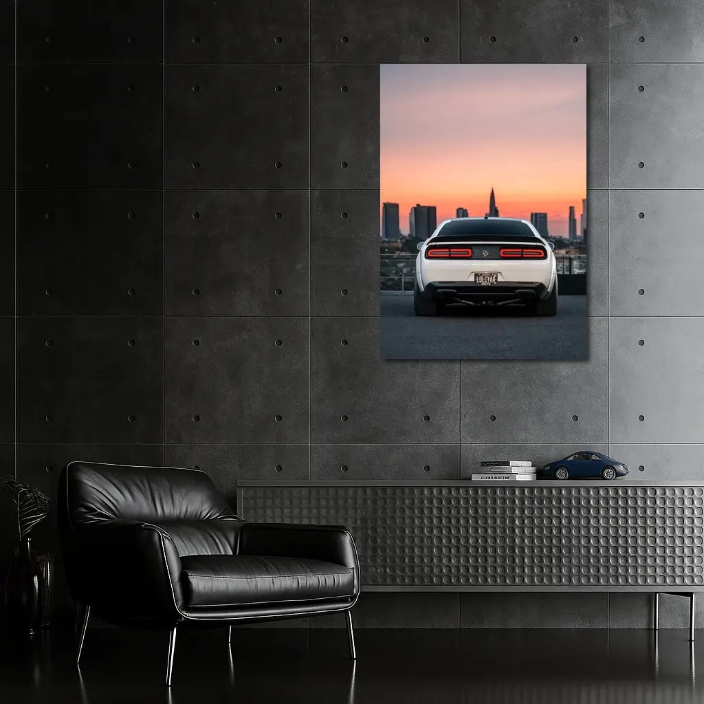 Dodge Challenger Rear City Sunset View – Wall Art