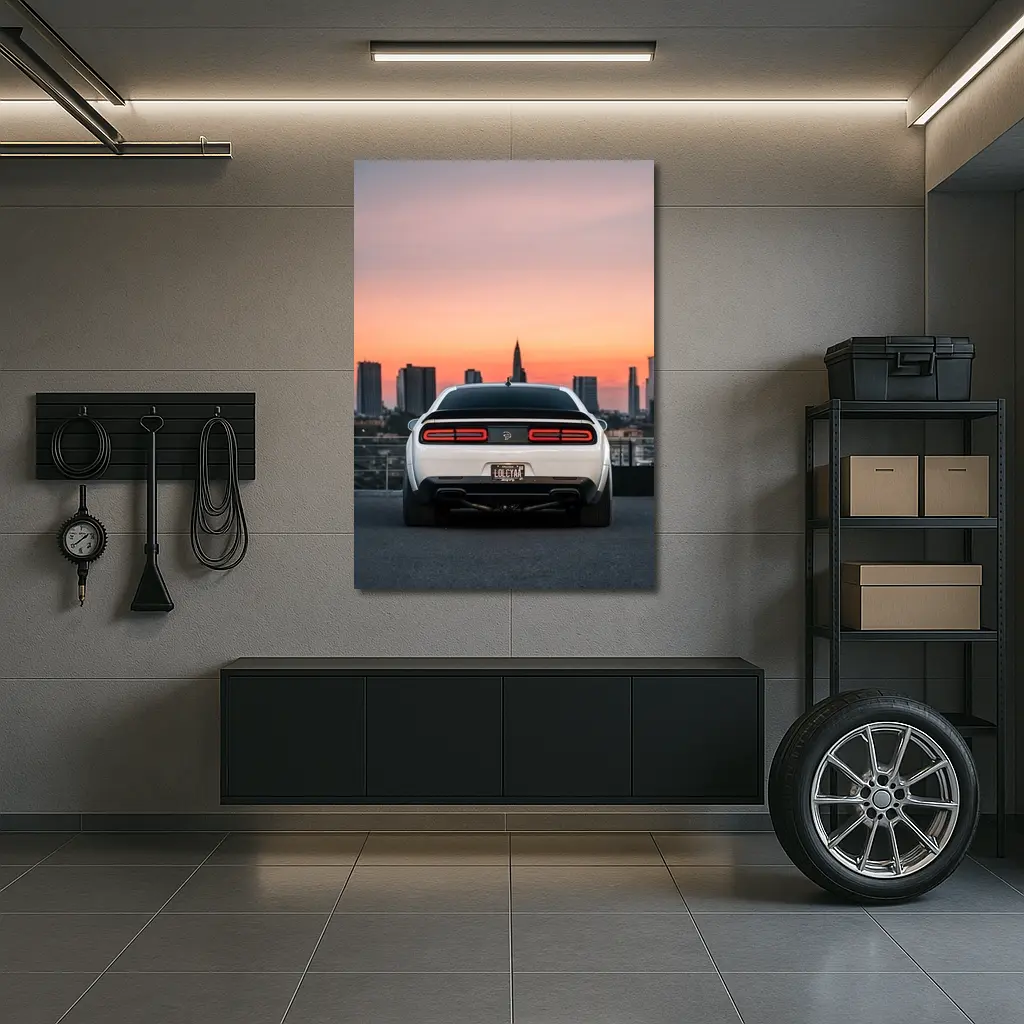 Dodge Challenger Rear City Sunset View – Wall Art