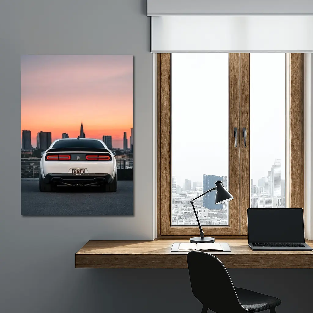 Dodge Challenger Rear City Sunset View – Wall Art