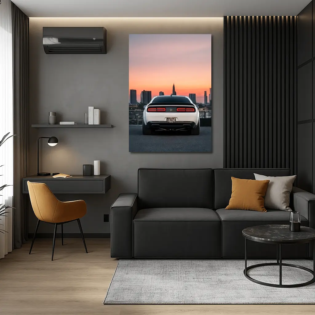 Dodge Challenger Rear City Sunset View – Wall Art