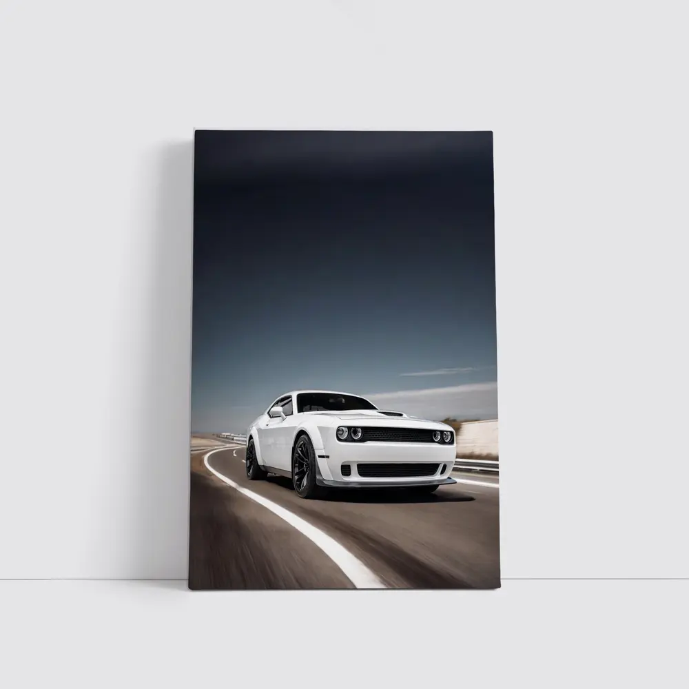 Dodge Challenger White Muscle Car Open Road – Wall Art
