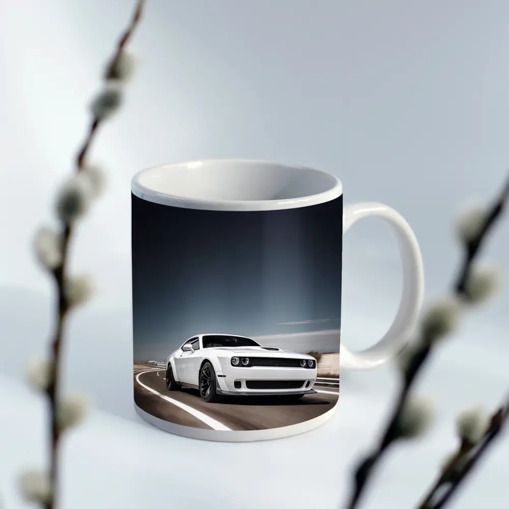 Dodge Challenger White Muscle Car Open Road – Mugs