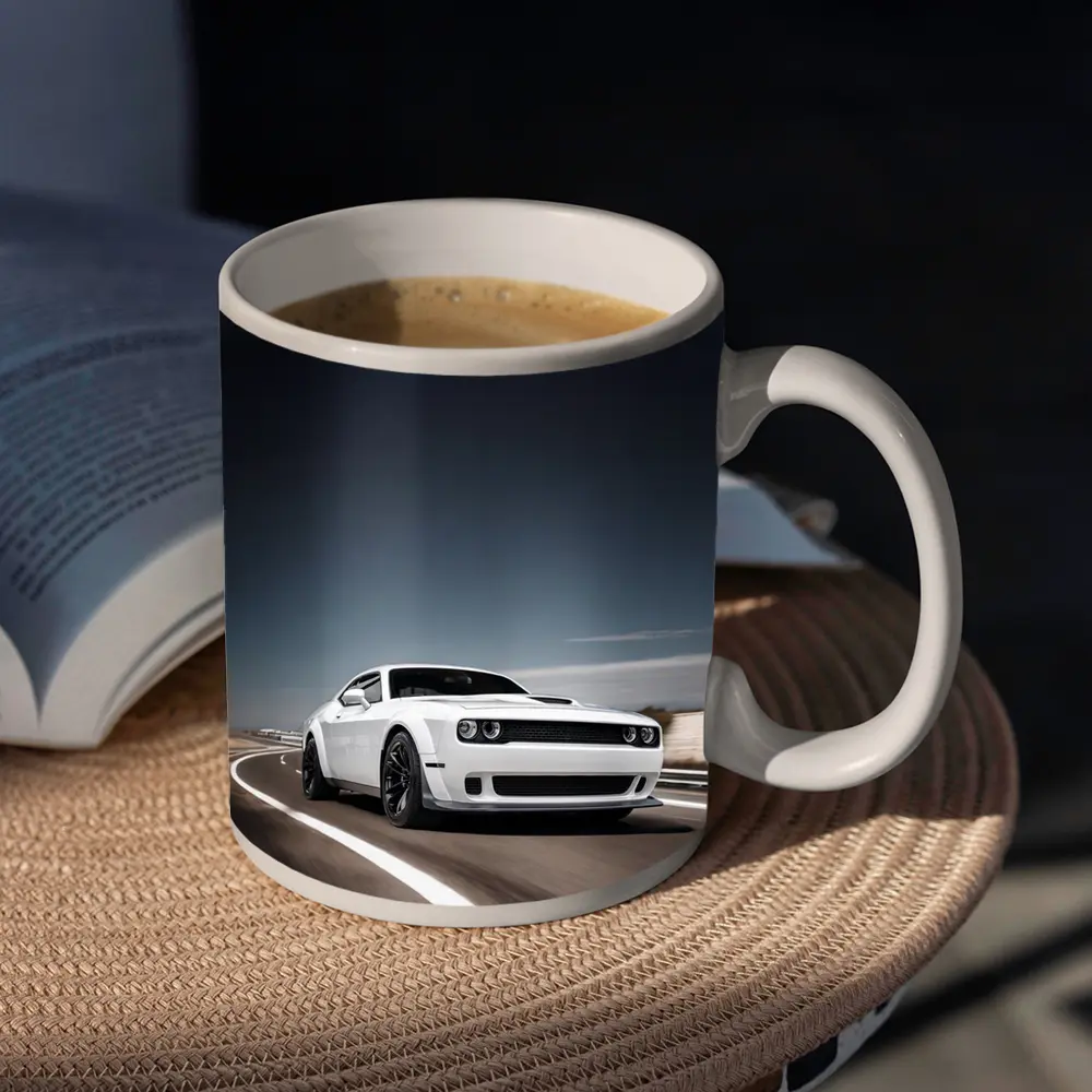 Dodge Challenger White Muscle Car Open Road – Mugs