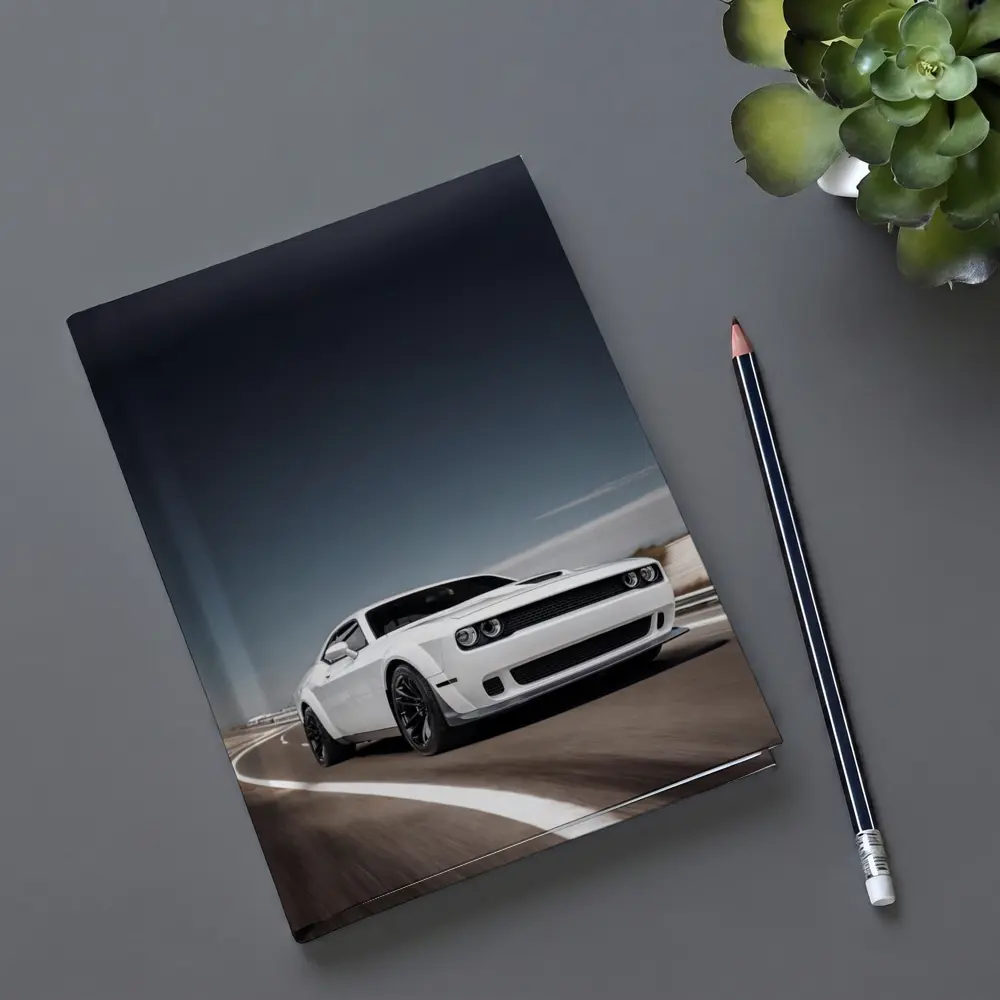 Dodge Challenger White Muscle Car Open Road – Notebooks