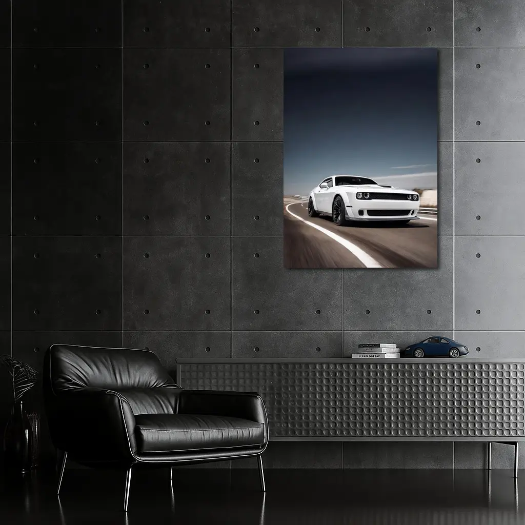Dodge Challenger White Muscle Car Open Road – Wall Art