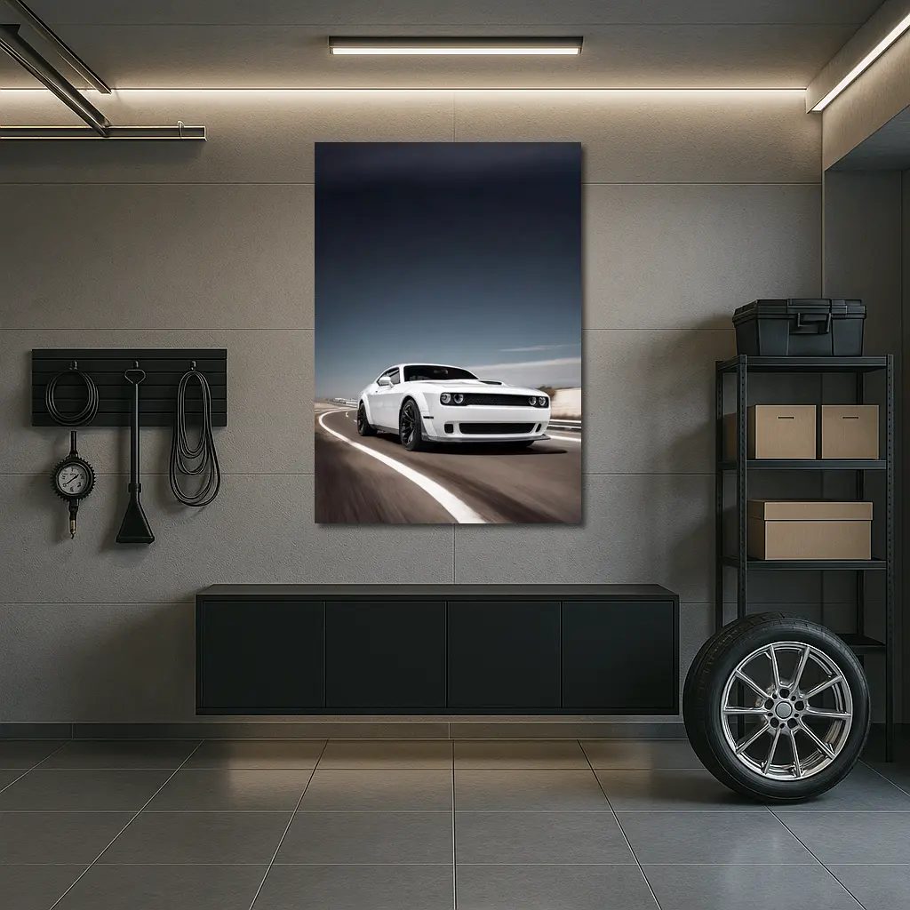 Dodge Challenger White Muscle Car Open Road – Wall Art