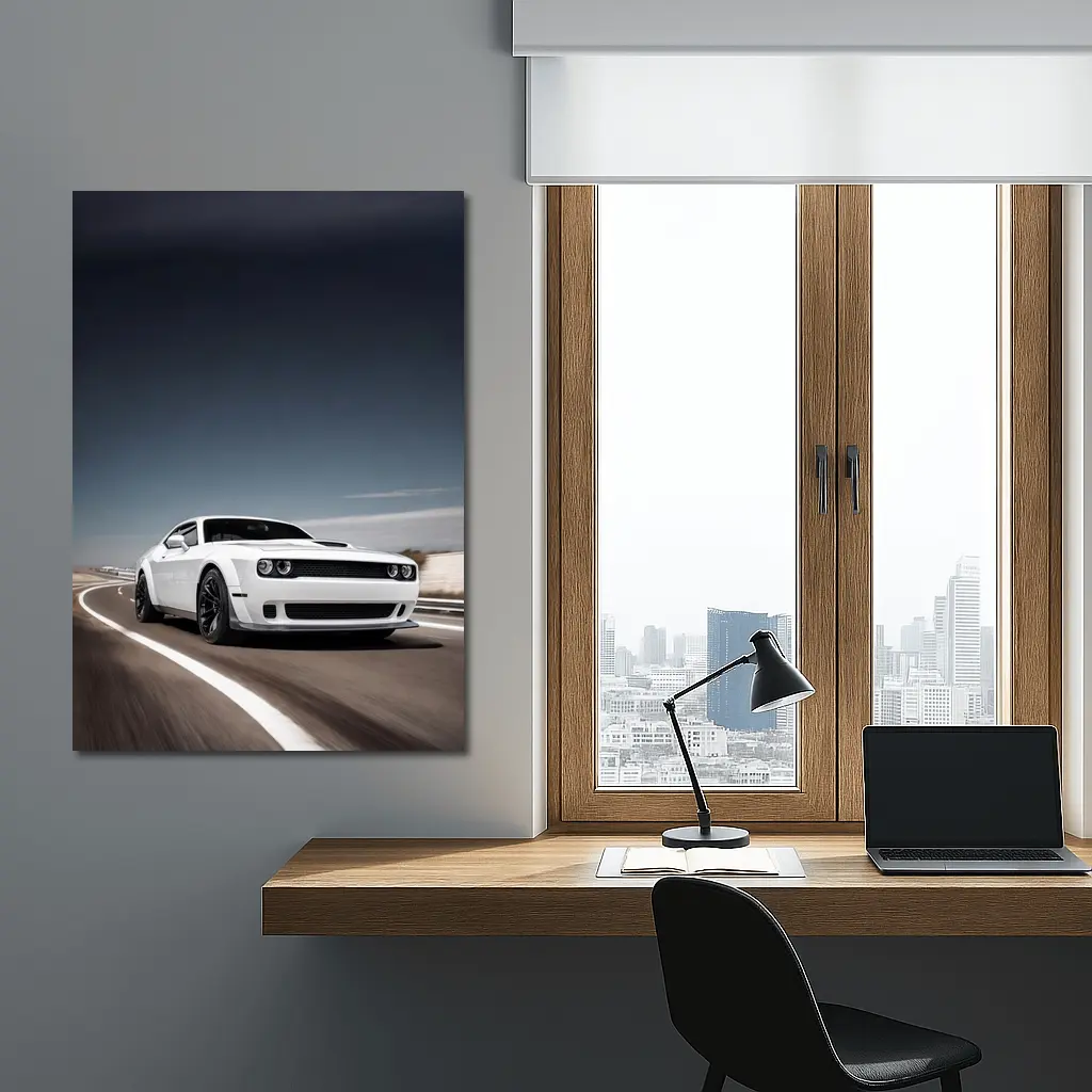 Dodge Challenger White Muscle Car Open Road – Wall Art