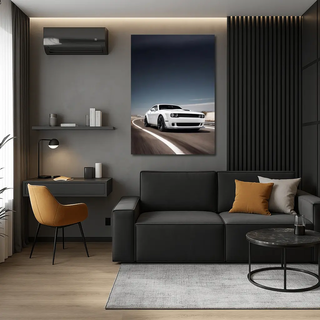 Dodge Challenger White Muscle Car Open Road – Wall Art