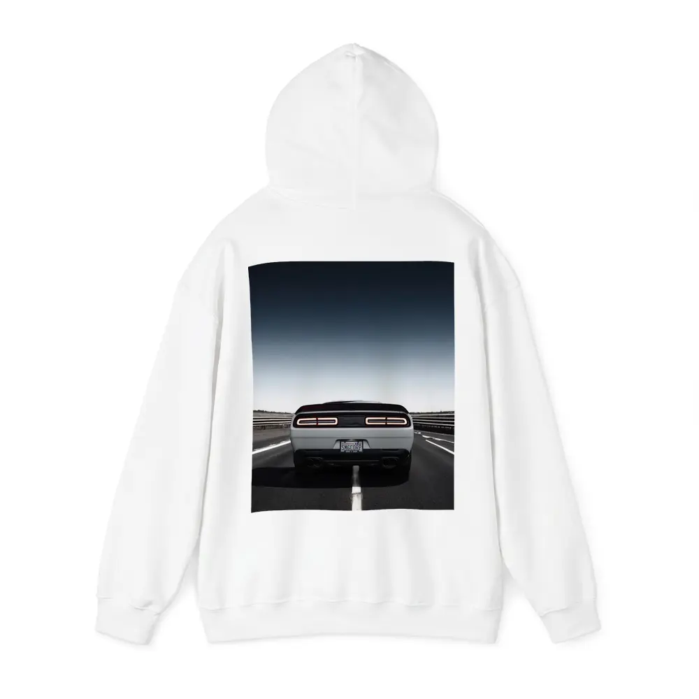 Dodge Challenger White Rear View Open Road – Hoodies