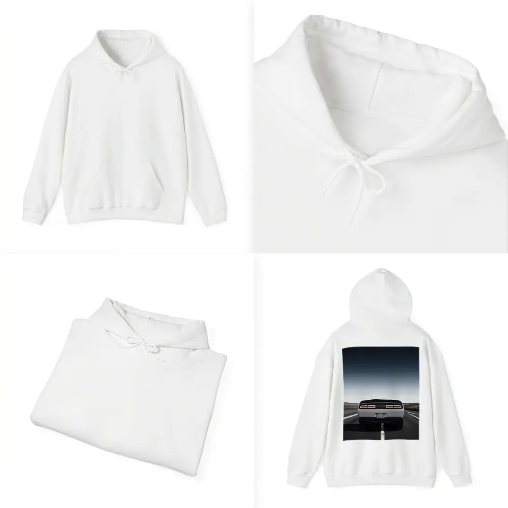 Dodge Challenger White Rear View Open Road – Hoodies