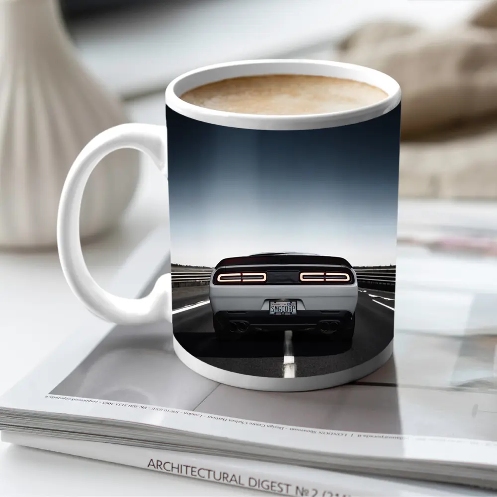 Dodge Challenger White Rear View Open Road – Mugs