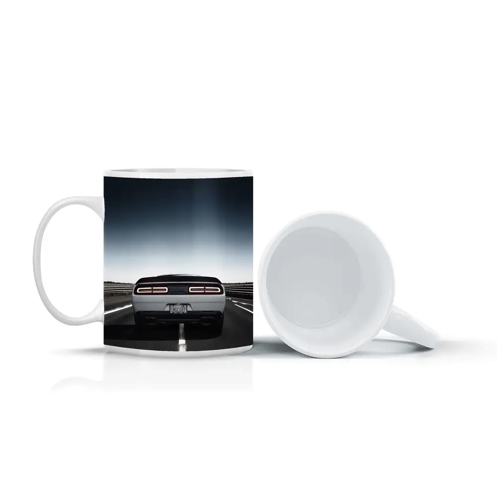 Dodge Challenger White Rear View Open Road – Mugs