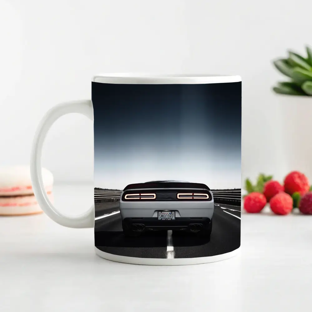Dodge Challenger White Rear View Open Road – Mugs