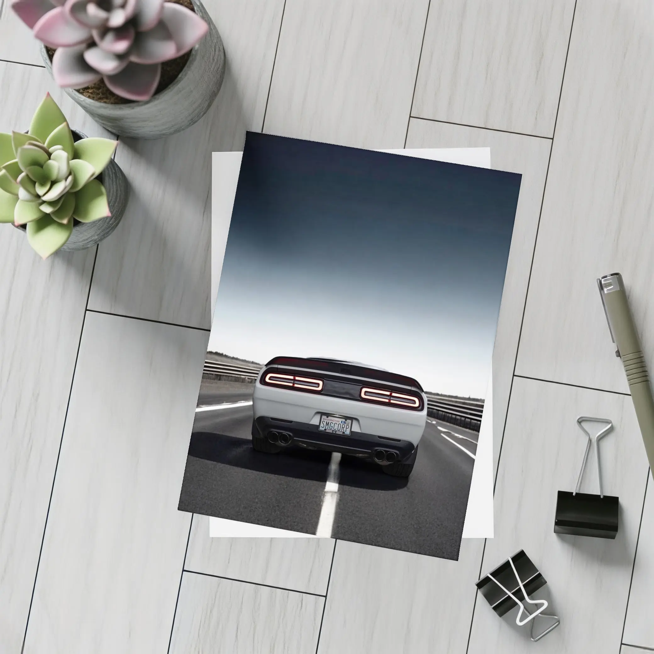 Dodge Challenger White Rear View Open Road – Postcards