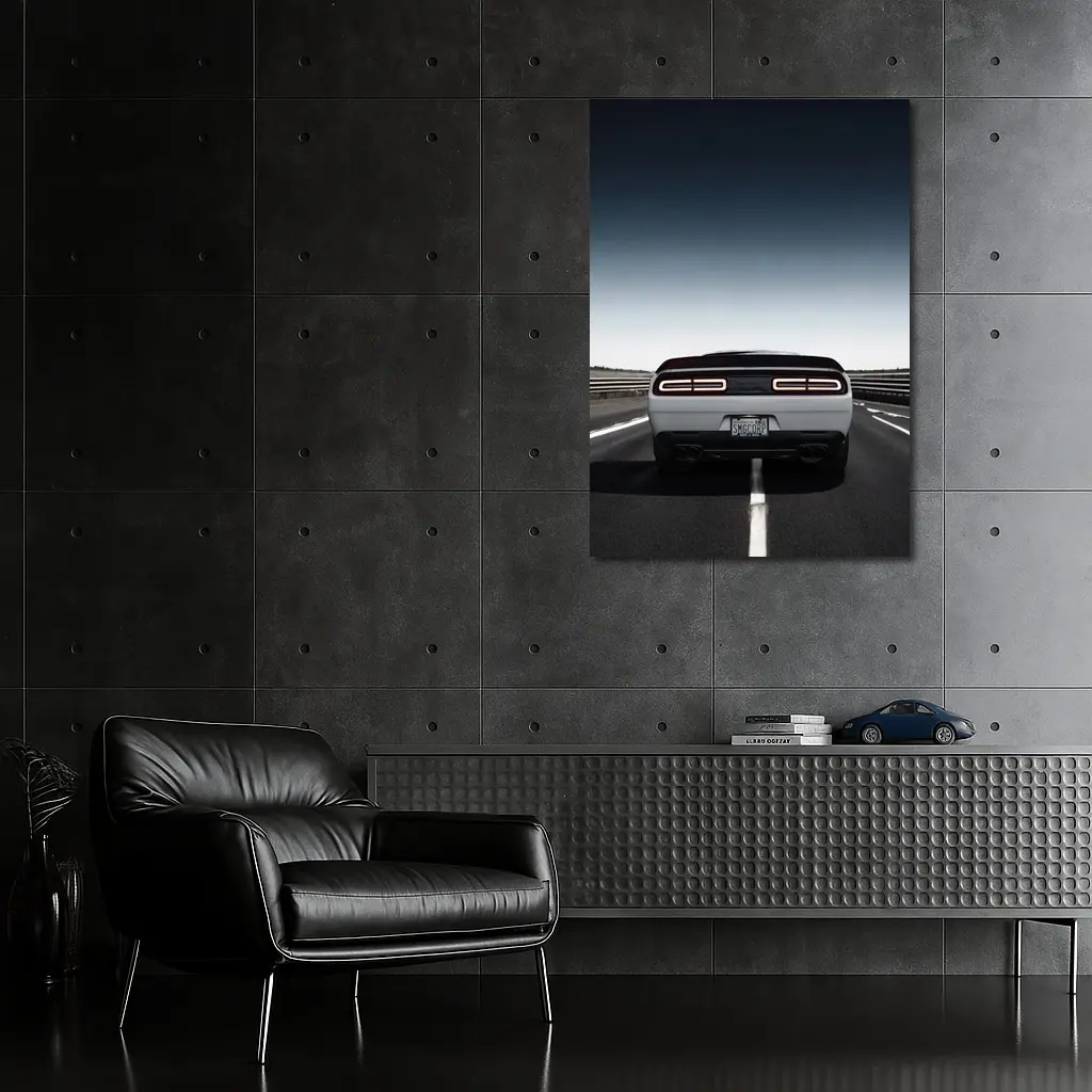 Dodge Challenger White Rear View Open Road – Wall Art