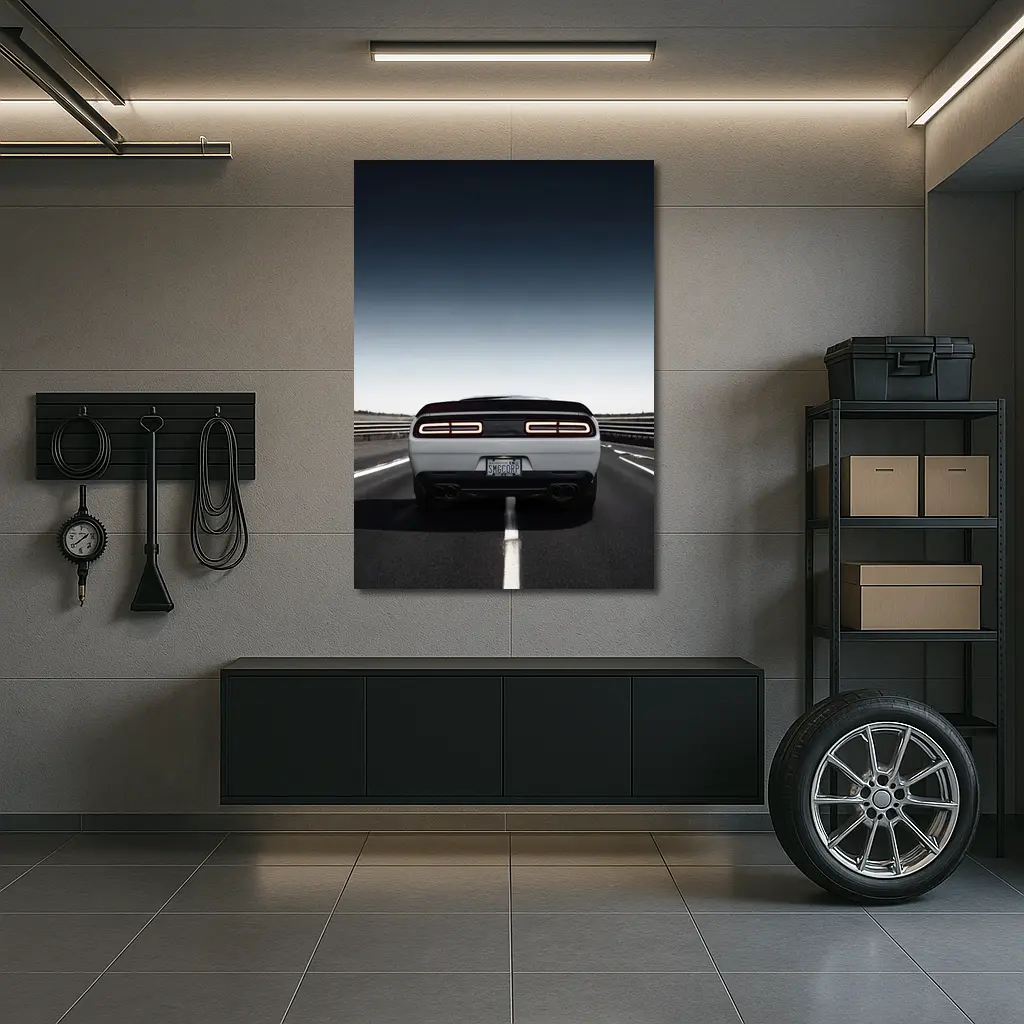 Dodge Challenger White Rear View Open Road – Wall Art