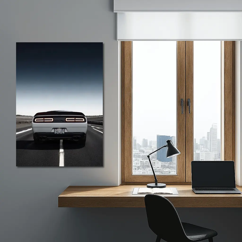 Dodge Challenger White Rear View Open Road – Wall Art