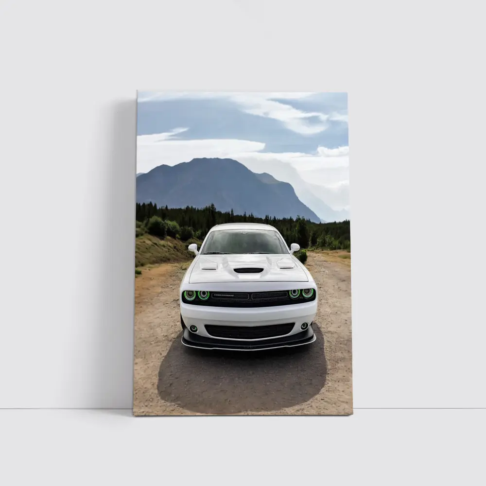 White Dodge Challenger Front View Mountain Road – Wall Art