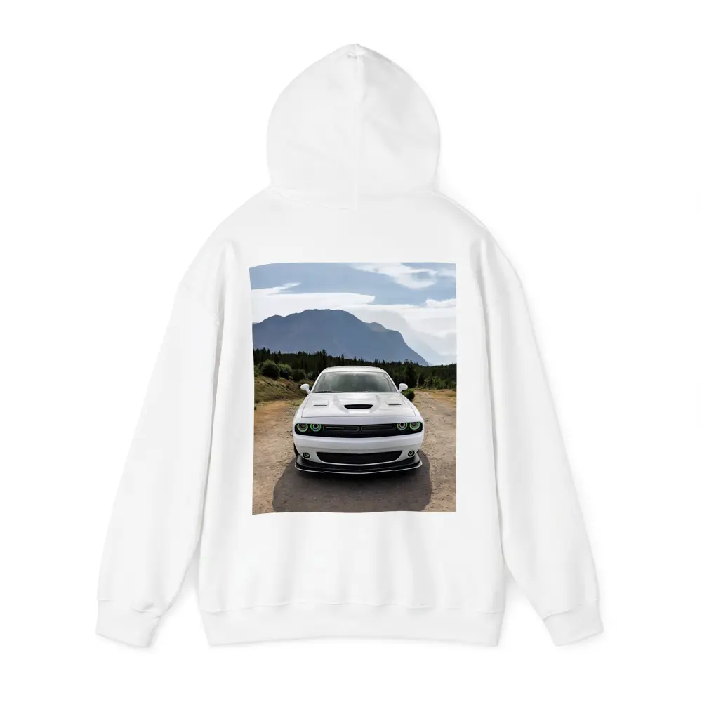 White Dodge Challenger Front View Mountain Road – Hoodies