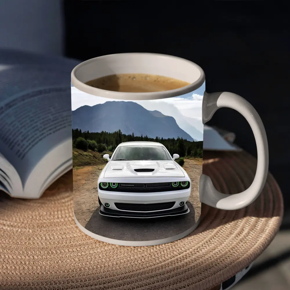 White Dodge Challenger Front View Mountain Road – Mugs