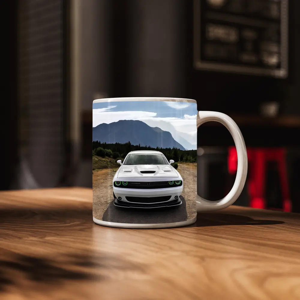 White Dodge Challenger Front View Mountain Road – Mugs