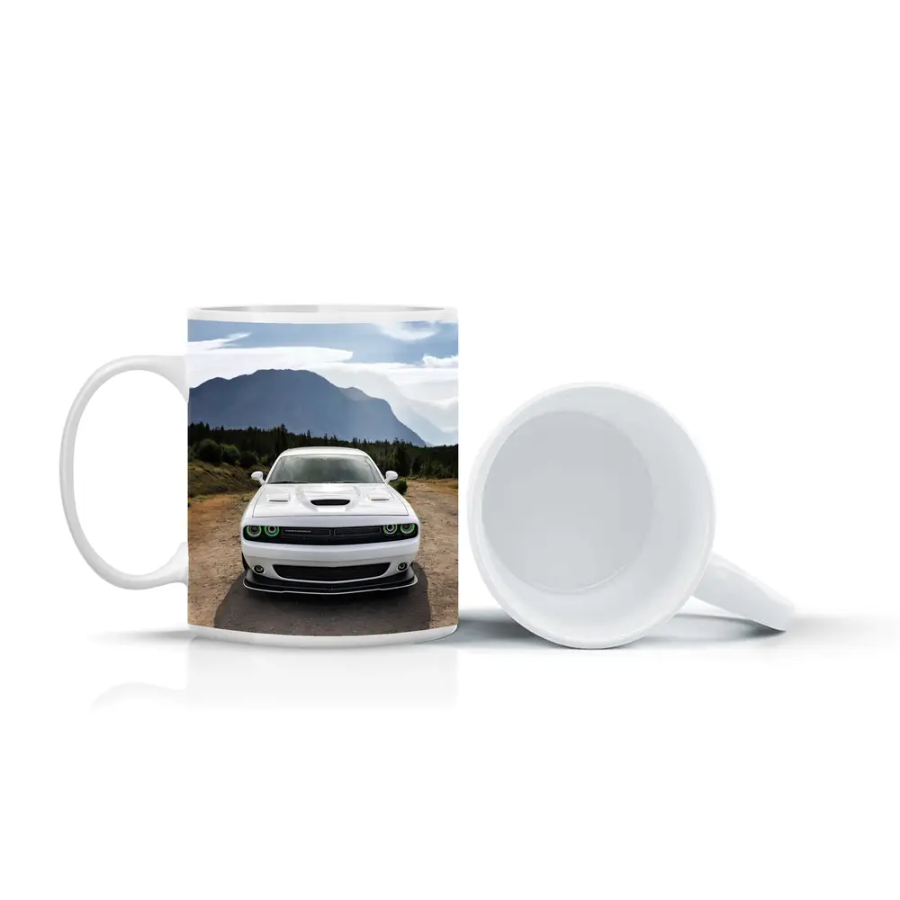 White Dodge Challenger Front View Mountain Road – Mugs