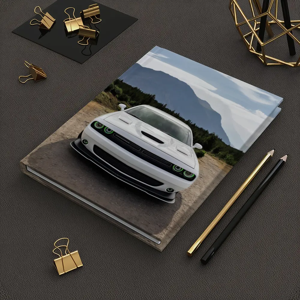 White Dodge Challenger Front View Mountain Road – Notebooks
