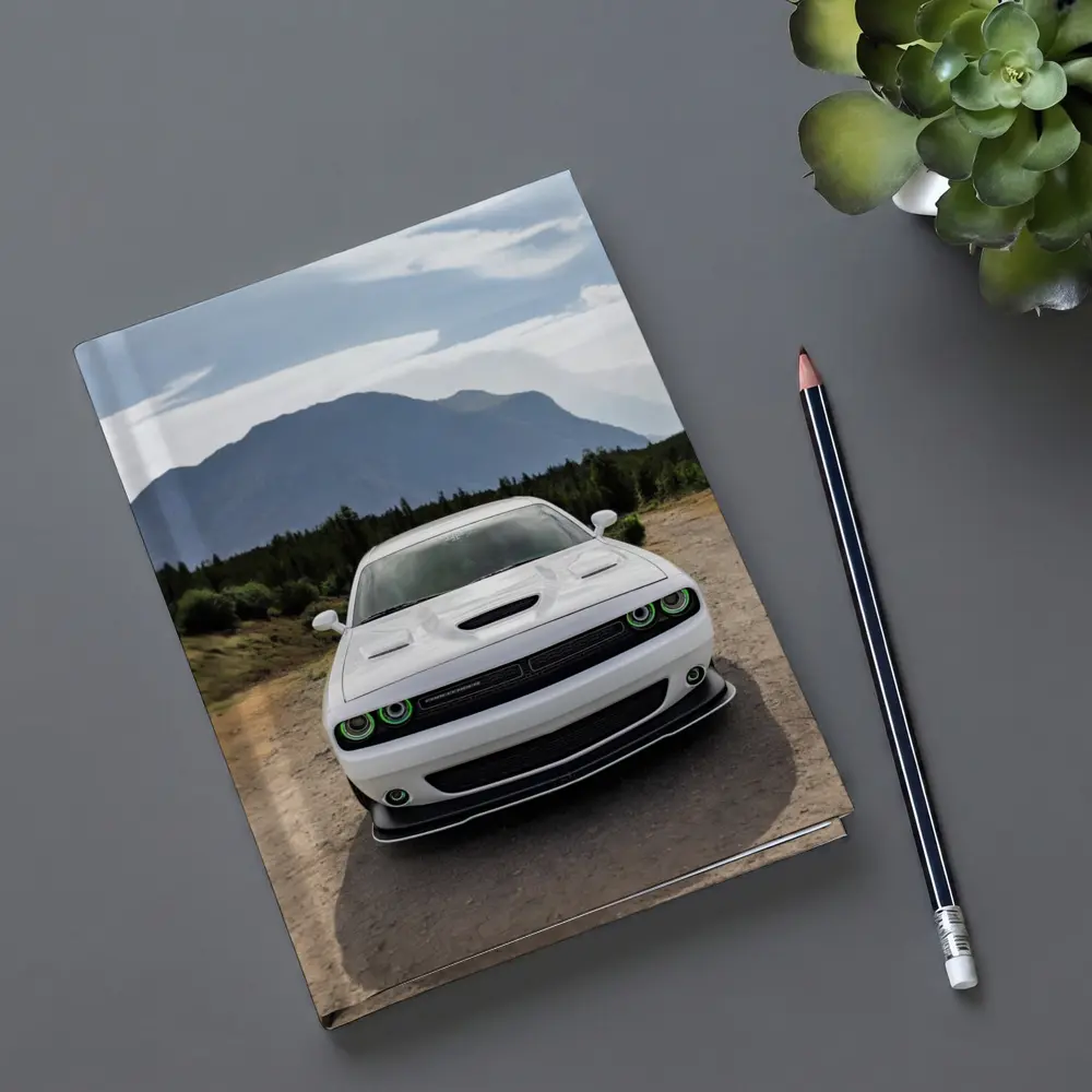White Dodge Challenger Front View Mountain Road – Notebooks