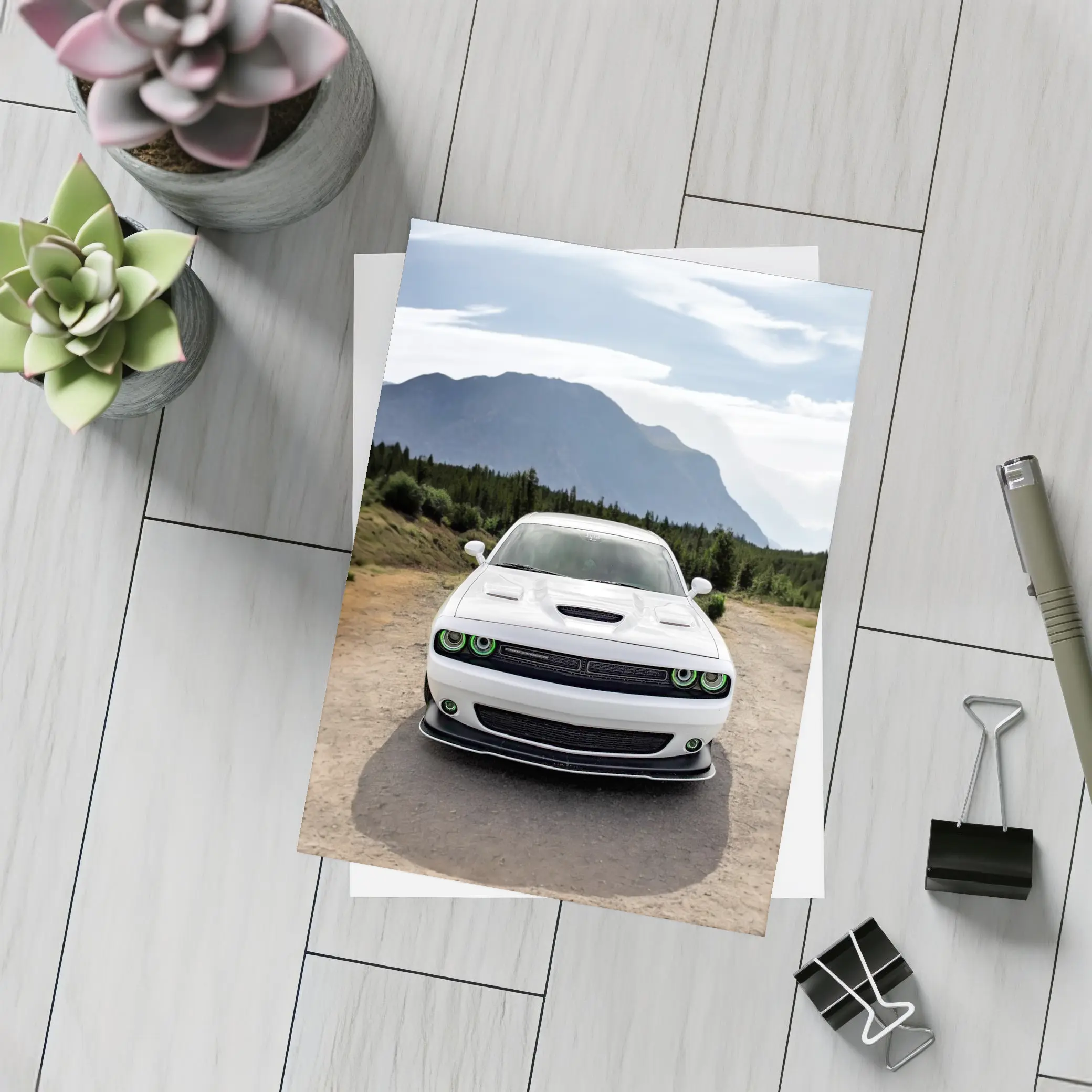 White Dodge Challenger Front View Mountain Road – Postcards