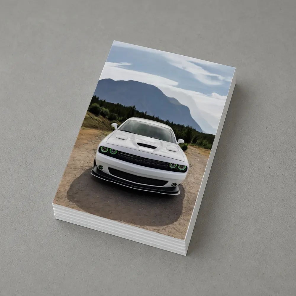 White Dodge Challenger Front View Mountain Road – Postcards