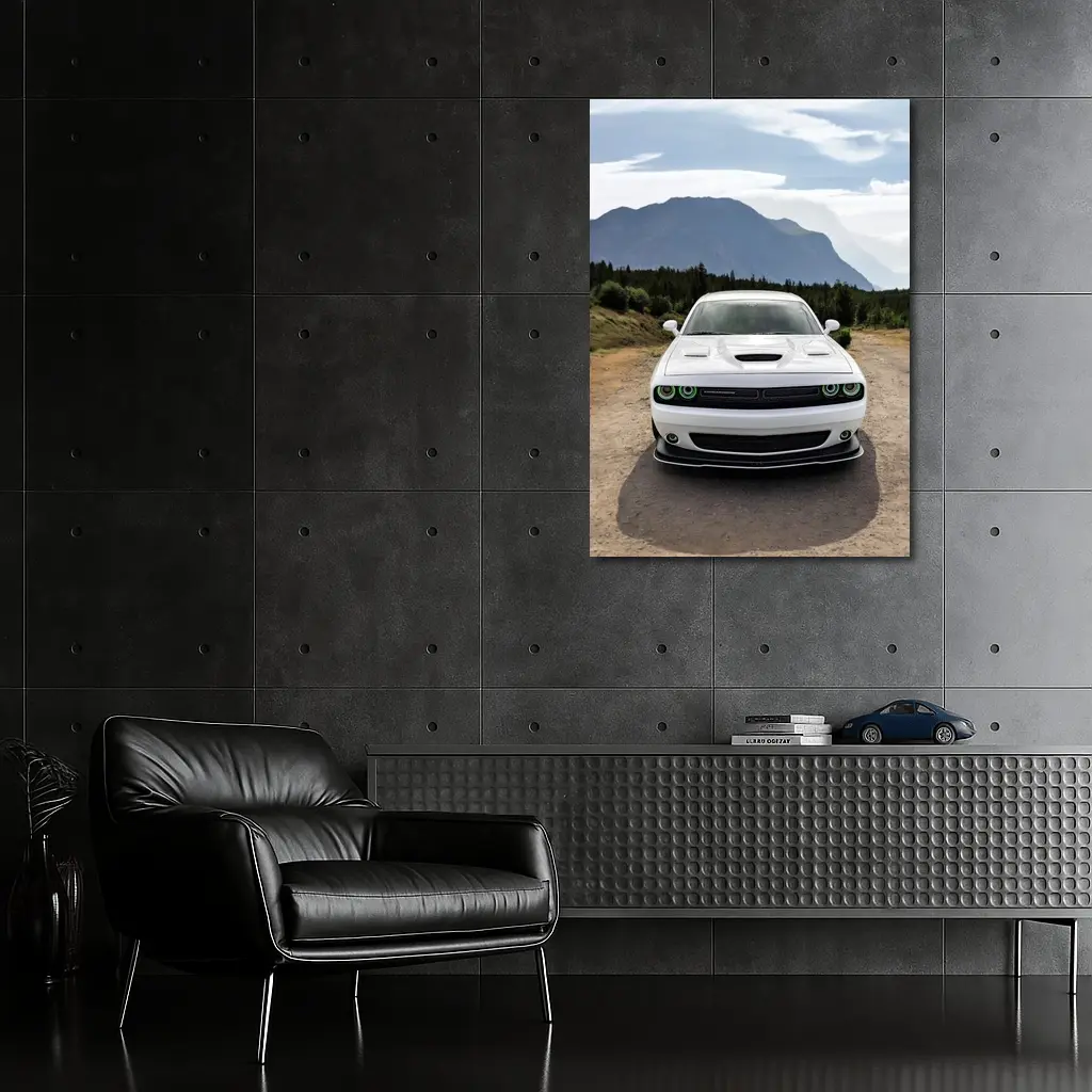 White Dodge Challenger Front View Mountain Road – Wall Art