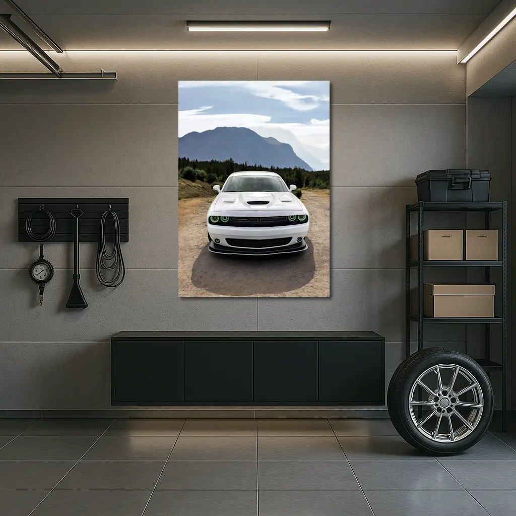White Dodge Challenger Front View Mountain Road – Wall Art