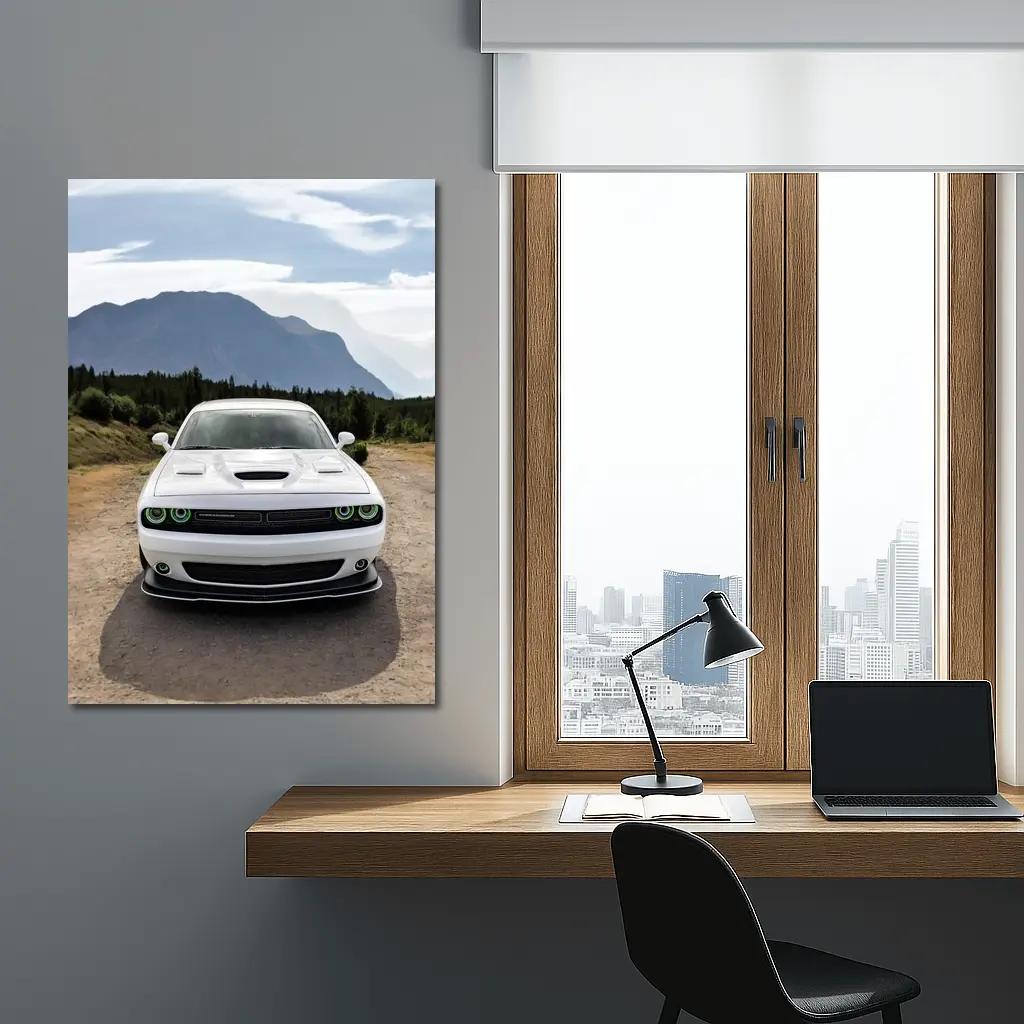 White Dodge Challenger Front View Mountain Road – Wall Art