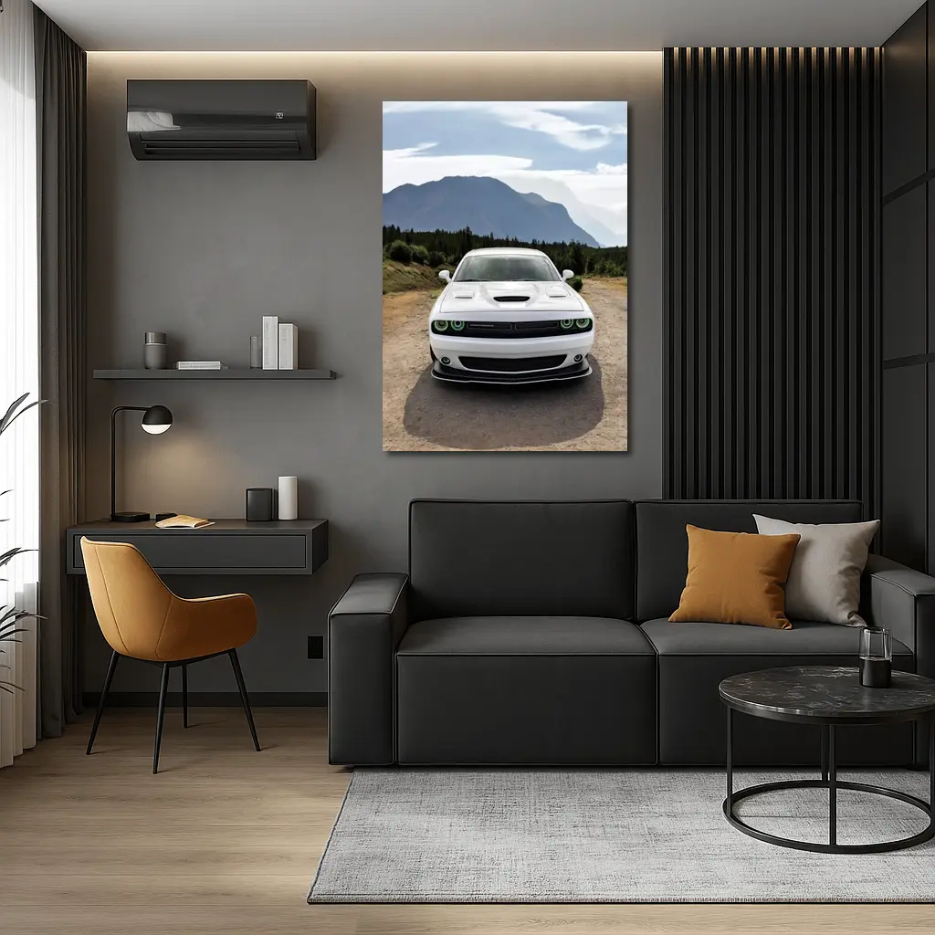 White Dodge Challenger Front View Mountain Road – Wall Art