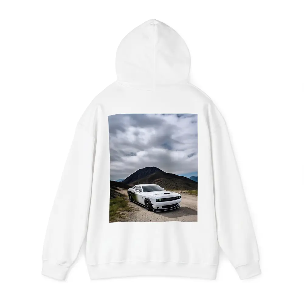 Dodge Challenger White Muscle Car Mountain Road – Hoodies