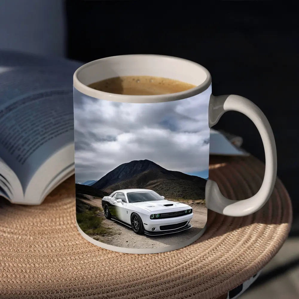 Dodge Challenger White Muscle Car Mountain Road – Mugs