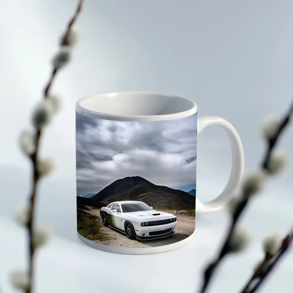 Dodge Challenger White Muscle Car Mountain Road – Mugs