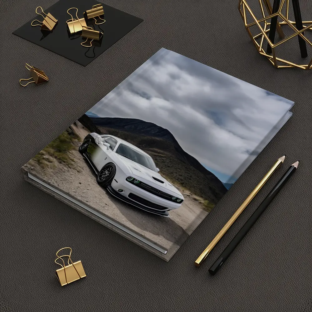 Dodge Challenger White Muscle Car Mountain Road – Notebooks