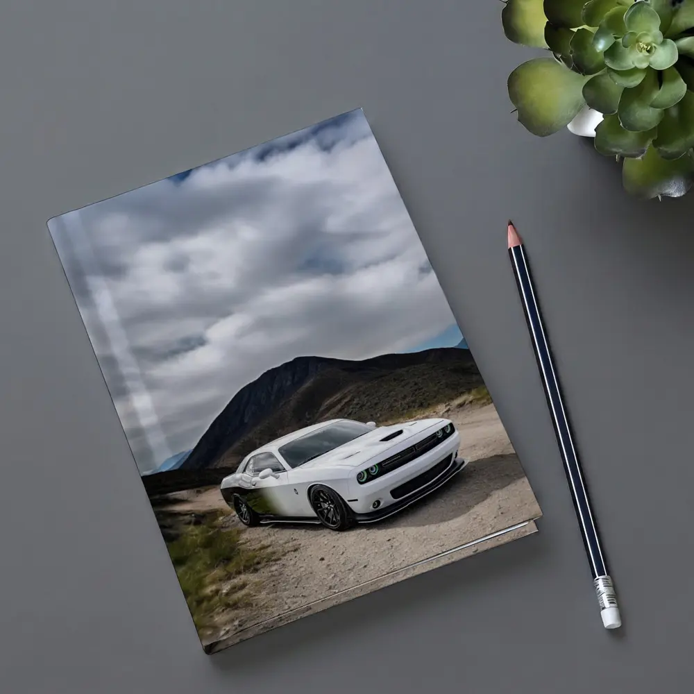 Dodge Challenger White Muscle Car Mountain Road – Notebooks